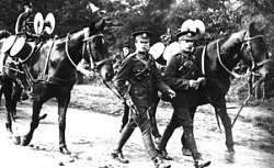 Armée anglaise, hommes du service télégraphique de campagne avec des chevaux portant le matériel