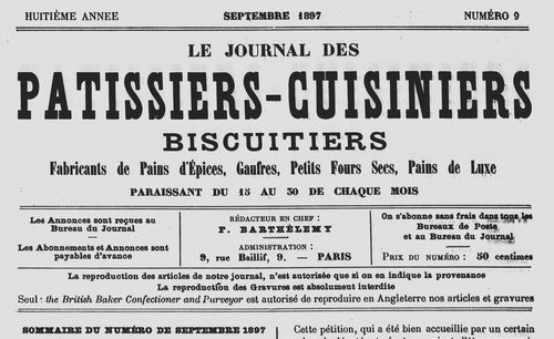 Accéder à la page "Journal des pâtissiers-cuisiniers, biscuitiers, fabricants de pains d'épices… (Le)"
