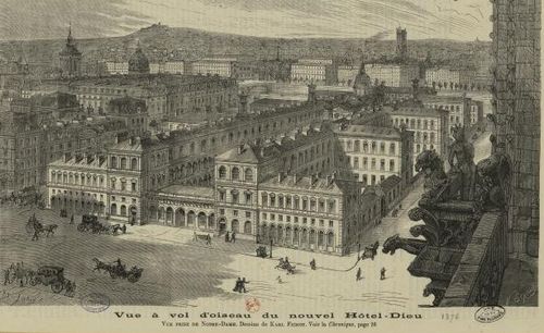 Vue à vol d'oiseau du nouvel Hôtel-Dieu, vue prise de Notre-Dame. Dessin de Karl Fichot, 18761876