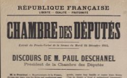 Discours de M. Paul Deschanel. Extrait du procès-verbal de la séance du mardi 22 décembre 1914