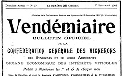 Accéder à la page "Vendémiaire : bulletin officiel de la Confédération générale des vignerons, des syndicats et de leurs adhérents"