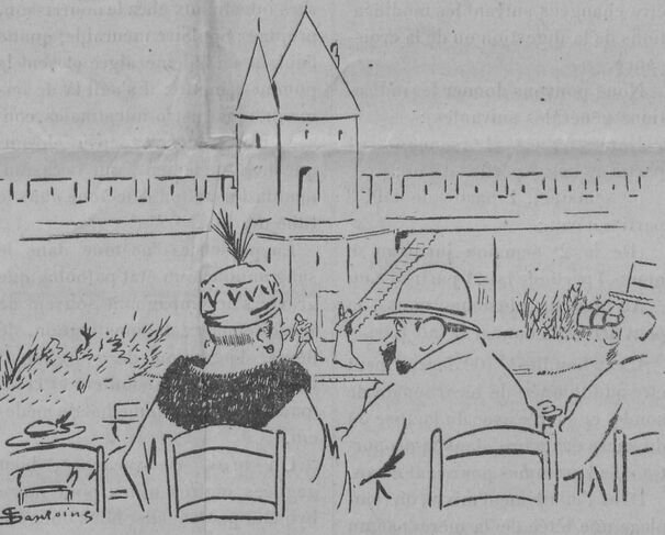 Au théâtre antique. Nouveaux riches. Dessin de Pierre Dantoine publié à Carcassonne le 17 juillet 1920 dans le journal : La Démocratie