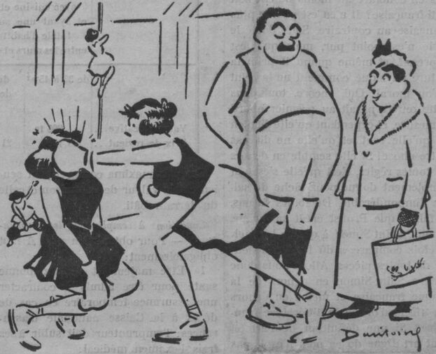 À la Société d'éducation physique féminine. Dessin de Pierre Dantoine publié à Carcassonne le 27 janvier 1923 dans le journal : La Démocratie