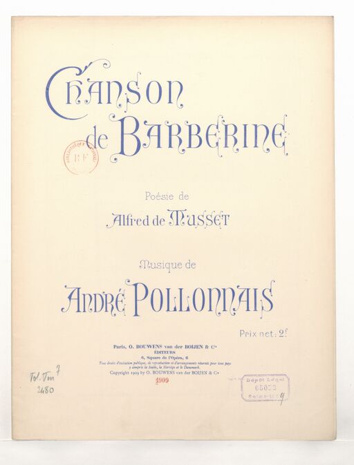 Chanson de Barberine. Poésie de Alfred de Musset. Musique de André Pollonnais