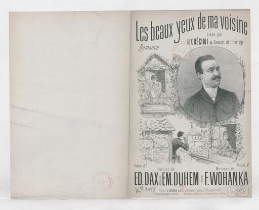 Les beaux yeux de ma voisine : romance / paroles de Ed. Dax et Em. Duhem ; musique de F. Wohanka ; créée par Mr Crécini au Concert de l'Horloge