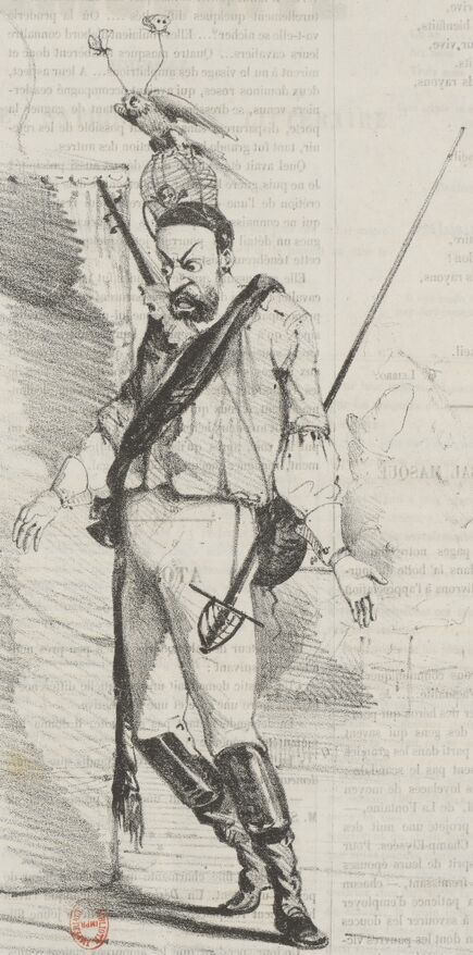 ... soutenu par la seule puissance du raisonnement [caricature de Napoléon III ?]. Image publiée à Toulon le 6 février 1864 dans le journal : Démocrite