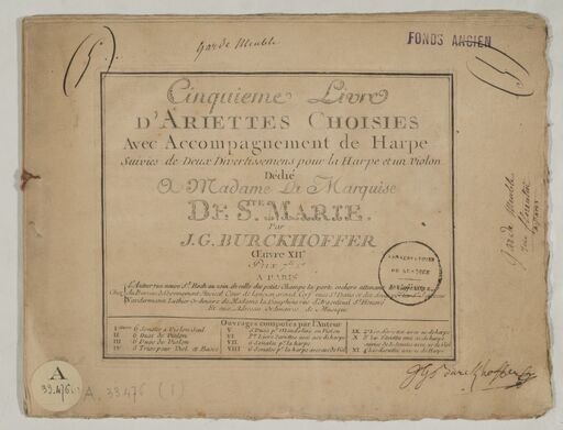 Cinquième livre d'Ariettes choisies avec accompagnement de harpe, suivies de deux divertissemens pour la harpe et un violon.... Par J. G. Burckhoffer. Oeuvre XIIe...[Vol. I Ariettes]