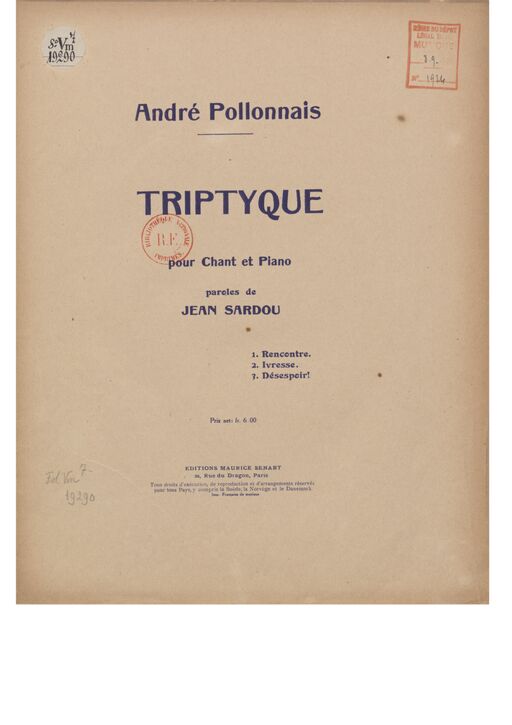 Triptyque pour chant et piano. / paroles de Jean Sardou