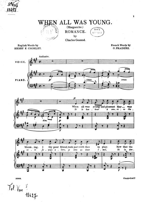 When all was young (Marguerite). Romance by Charles Gounod. English words by Henry F. Chorley. French words by O. Pradère. [Chant et piano]