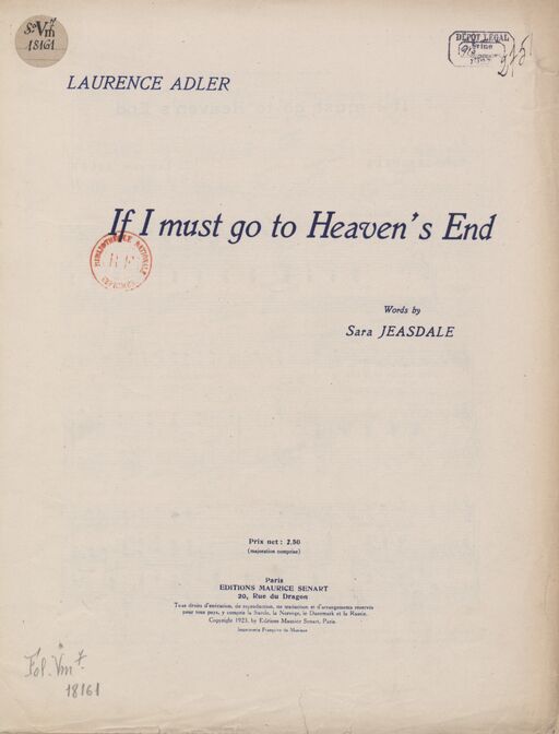 If I must go to Heaven's End. Words by Sara Jeasdale. Chant et piano