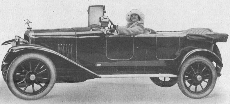 Madame Andrée Verly, divette d'opérette, dans sa 10 HP Delahaye. Image publiée à Vichy le 25 juin 1922 dans le journal : La Saison à Vichy