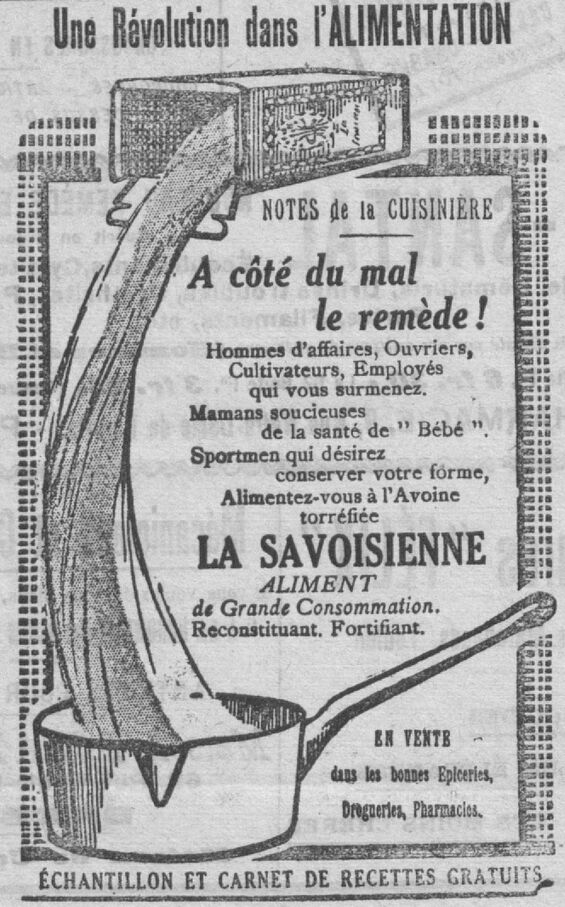 Une révolution dans l'alimentation, l'avoine torréfiée. Image publiée à Rodeillac-Toulon le 16/23 avril 1914 dans le journal : Le Cri du marin