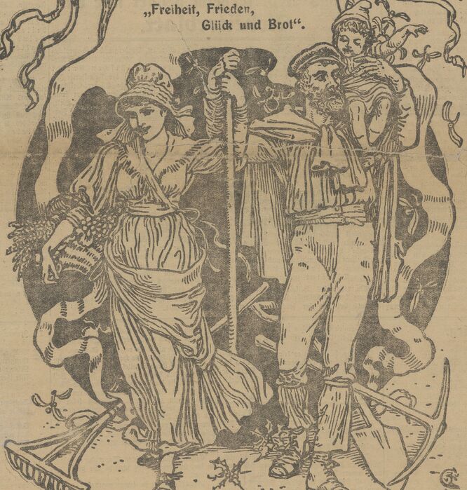 Liberté, paix, bonheur et pain. Image publiée à Strasbourg, Metz et Colmar le 1er/2 mai 1923 dans le journal : L'Humanité : [organe de langue allemande du Parti communiste (SFIC)]