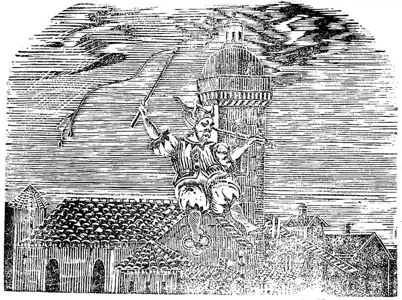 Le démon Asmodée assis sur le toit d'une église, regardant dans une longue-vue et brandissant un fouet. Image publiée à Digne le 9 août 1857 dans le journal : Asmodée
