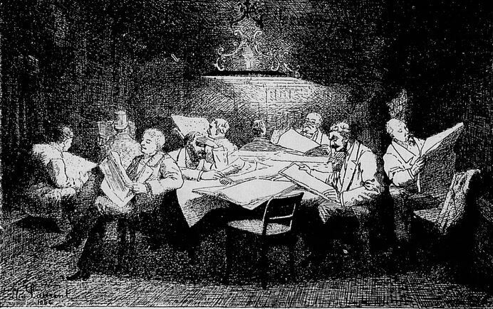 Un salon de lecture. Tableau d'Élie Laurent reproduit à Lyon en 1884 dans le journal : Lyon-salon