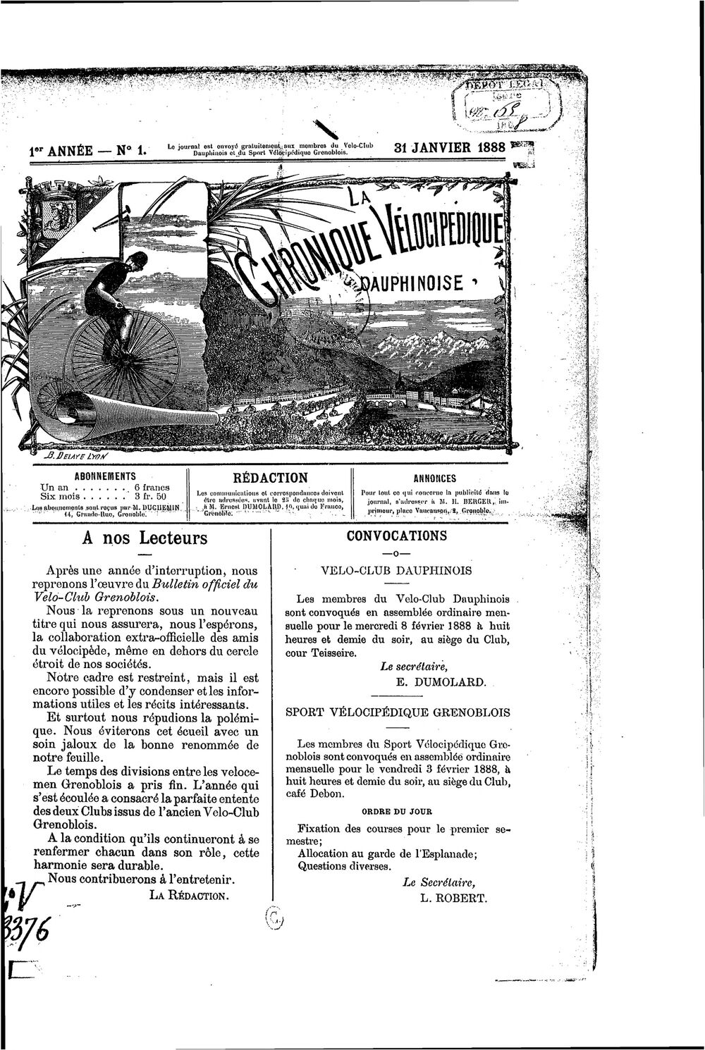 La Chronique vélocipédique dauphinoise / l'imprimeur-gérant b : H. Berger - 31 janvier 1888