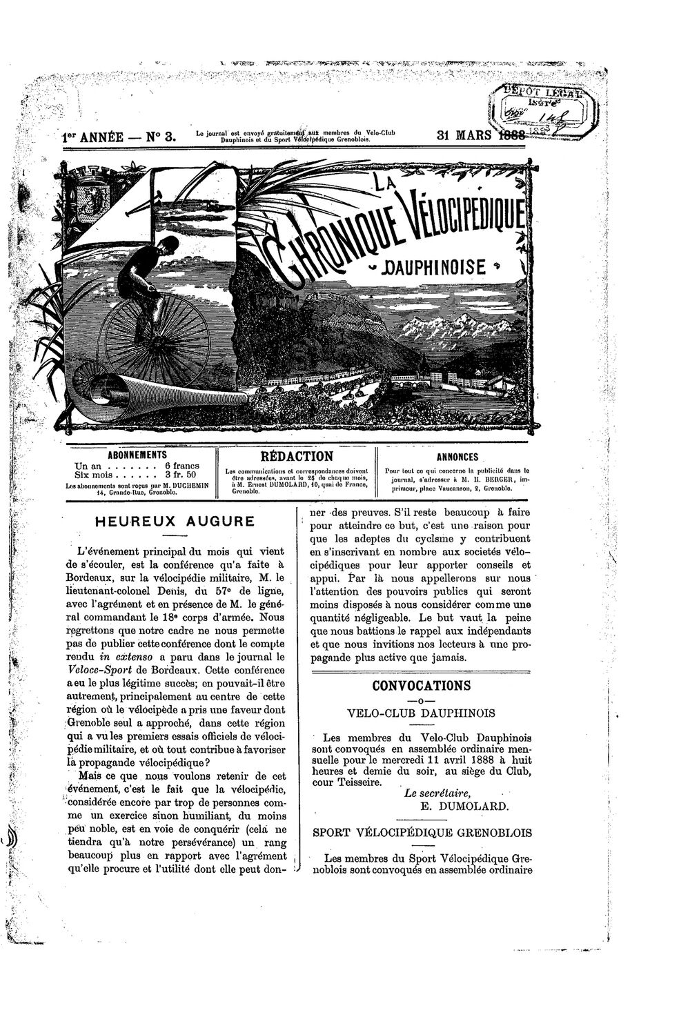 La Chronique vélocipédique dauphinoise / l'imprimeur-gérant b : H. Berger - 31 mars 1888