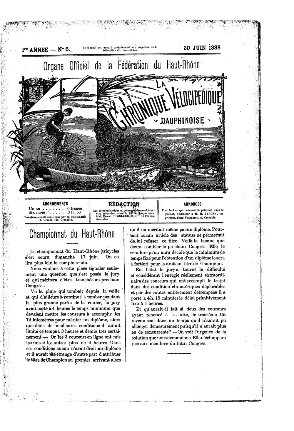 La Chronique vélocipédique dauphinoise / l'imprimeur-gérant b : H. Berger - 30 juin 1888