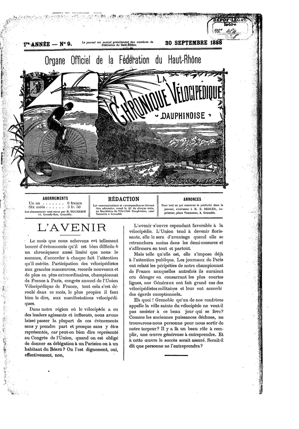 La Chronique vélocipédique dauphinoise / l'imprimeur-gérant b : H. Berger - 30 septembre 1888