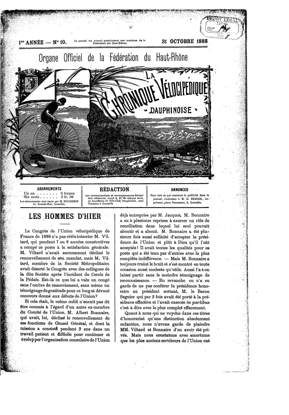 La Chronique vélocipédique dauphinoise / l'imprimeur-gérant b : H. Berger - 31 octobre 1888