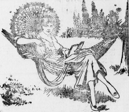 Femme lisant, assise dans un hamac, sous une ombrelle. Publicité du savon anglais Umbrella. Image publiée à Cayenne le 2 février 1924 dans le journal : L'Avenir de la Guyane