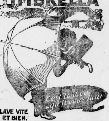 Enfant noir souriant, courbé sous l'ombrelle blanche qu'il porte. Publicité du savon anglais Umbrella. Image publiée à Cayenne le 5 mars 1924 dans le journal : L'Avenir de la Guyane