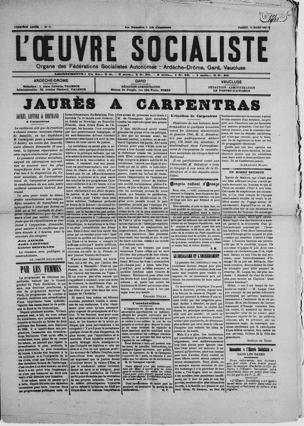 L'Œuvre socialiste : organe des fédérations socialistes autonomes : Ardèche-Drôme, Gard, Vaucluse [