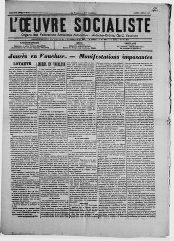 L'Œuvre socialiste : organe des fédérations socialistes autonomes : Ardèche-Drôme, Gard, Vaucluse [