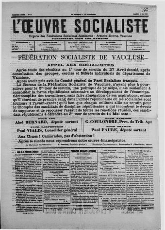 L'Œuvre socialiste : organe des fédérations socialistes autonomes : Ardèche-Drôme, Gard, Vaucluse [