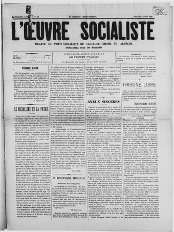 L'Œuvre socialiste : organe des fédérations socialistes autonomes : Ardèche-Drôme, Gard, Vaucluse [
