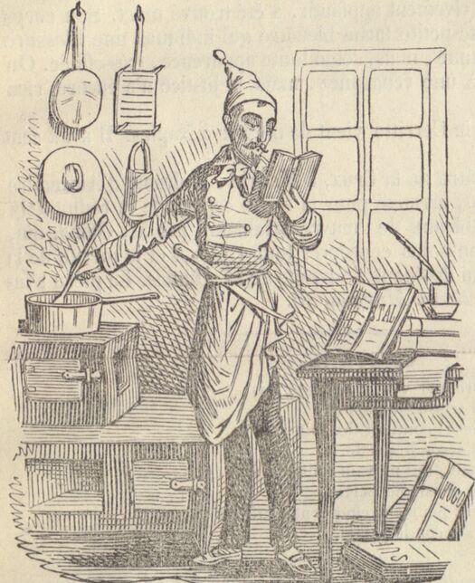 Un homme qui cuisine en lisant. Image publiée à Nancy le 5 mars 1848 dans le journal : Asmodée