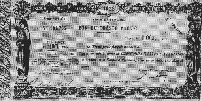 Fac-similé d'un des bons du Trésor français remis à la Trésorerie britannique. Image publiée à Verdun le 20 juillet 1929 dans le journal : Bulletin meusien