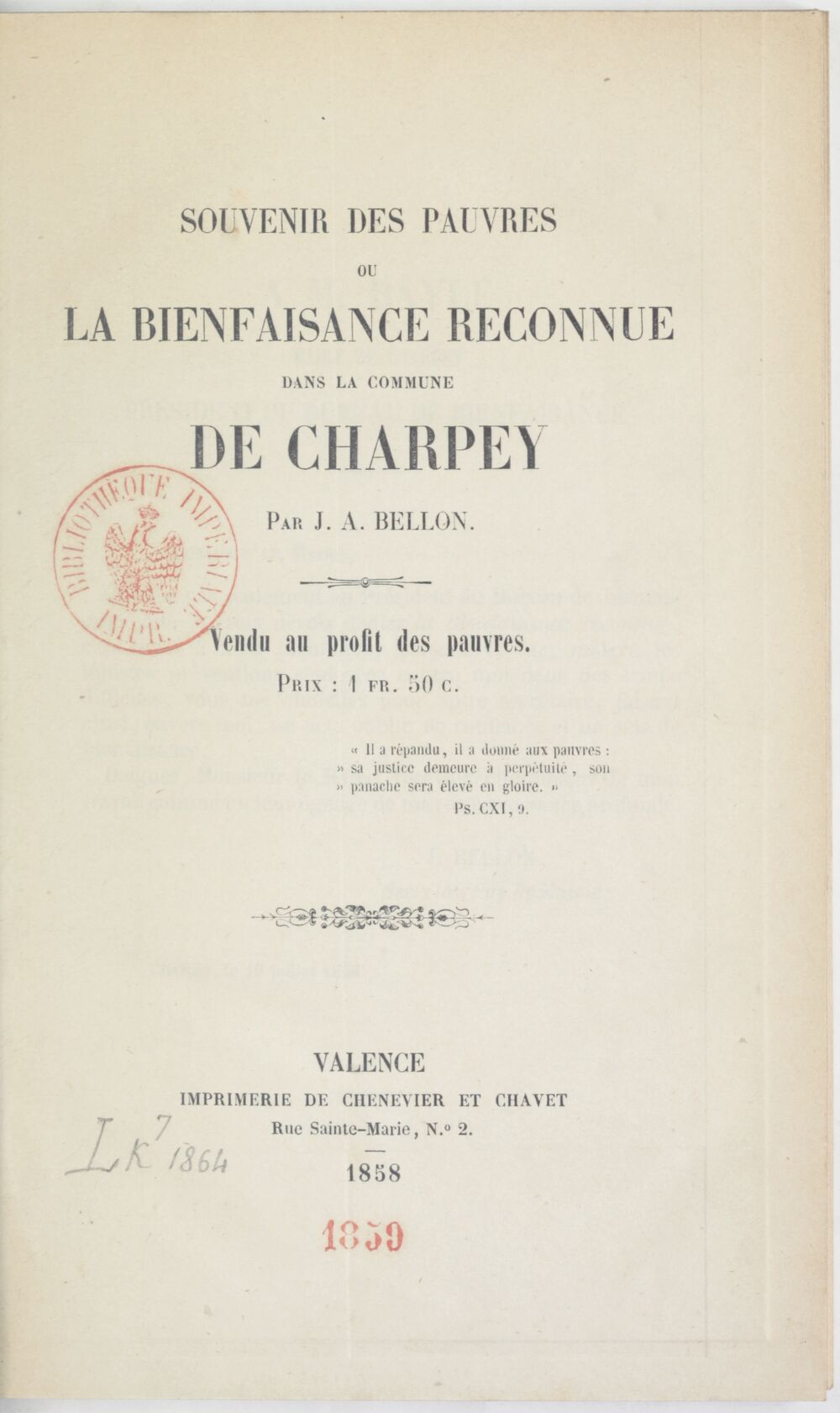 Souvenir des pauvres : ou la bienfaisance reconnue dans la commune de Charpey / par J.-A. Bellon...