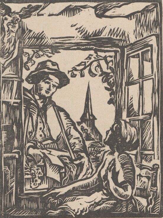 Le colporteur. Bois gravé de Julien Saraben, publié à Limoges en octobre 1943 dans le journal : Notre province