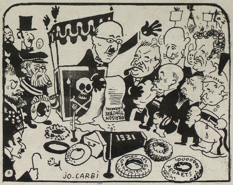 Les obsèques de notre pauvre Carnaval, dont on verra à l'intérieur l'émouvant défilé. Dessin de Jo. Carbi [Joseph Abric] publié à Montpellier le 21 février 1931 dans le journal : Le Midi illustré