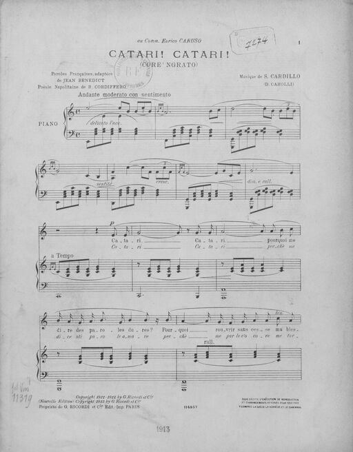 Catari! Catari! (Core' naroito). French lyrics adapted from Jean Bénedict, Neapolitan poetry by R. Cordiffero, music by S. Cardillo, (D. Carolli)