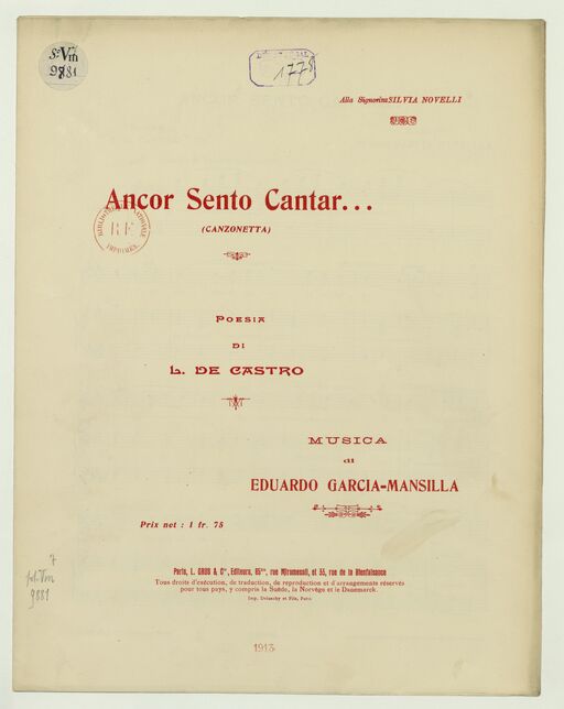 Ancor sento cantar... Canzonetta. Poesia di L. de Castro. Musica di Eduardo Garcia-Mansilla