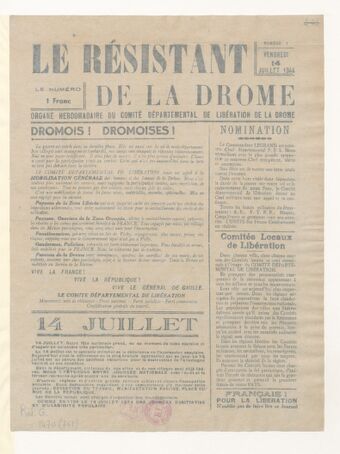 Le Résistant de la Drôme : organe hebdomadaire du Comité départemental de la libération de la Drôme