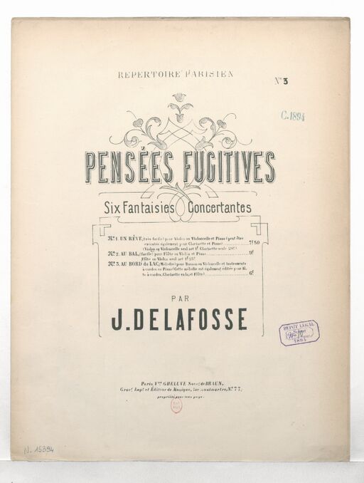 Pensées fugitives. 3, Au bord du lac : mélodie pour basson ou violoncelle et instruments à cordes ou piano : op. 124 / J. Delafosse