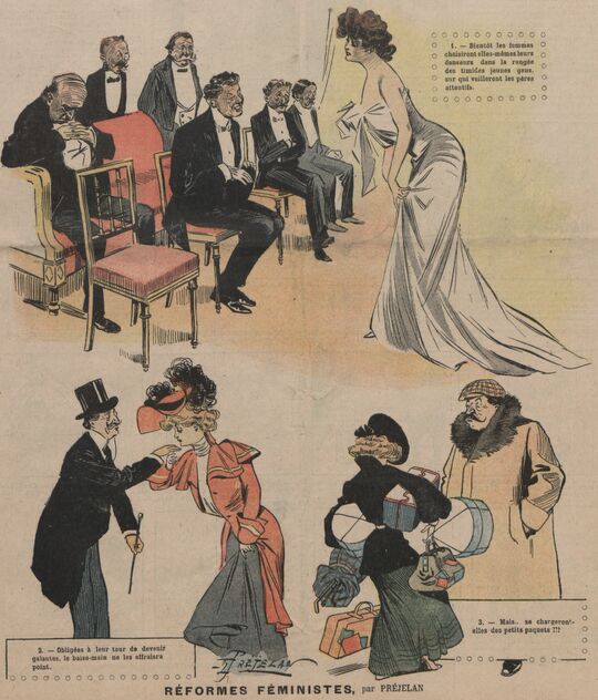 Réformes féministes, par Préjelan. Image publiée à Mortagne-au-Perche le 19 février 1905 dans le journal : Le Perche illustré : supplément au Perche