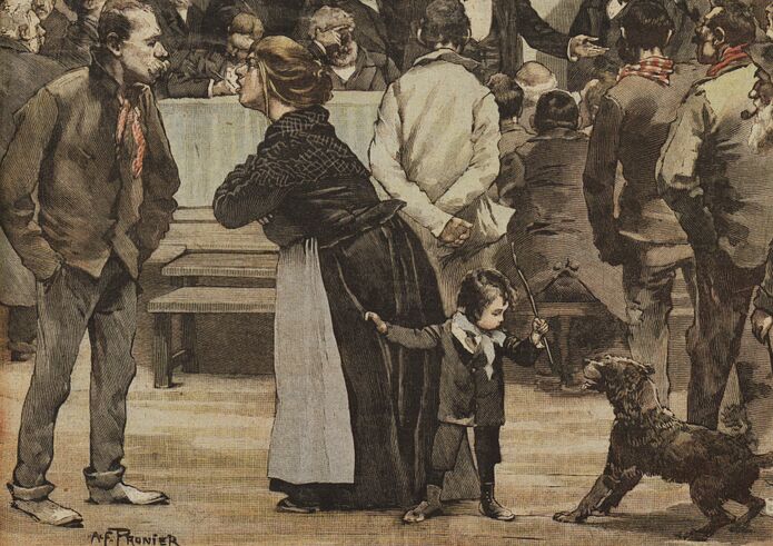Une réunion publique originale : meeting de protestation des chiffonniers parisiens. Image publiée à Saint-Amand-Montrond le 16 avril 1899 dans le journal : Le Nouvelliste illustré