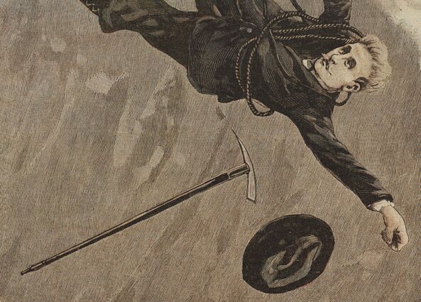 Dramatique accident de montagne : un épileptique tombant dans un précipice. Image publiée à Saint-Amand-Montrond le 16 avril 1899 dans le journal : Le Nouvelliste illustré