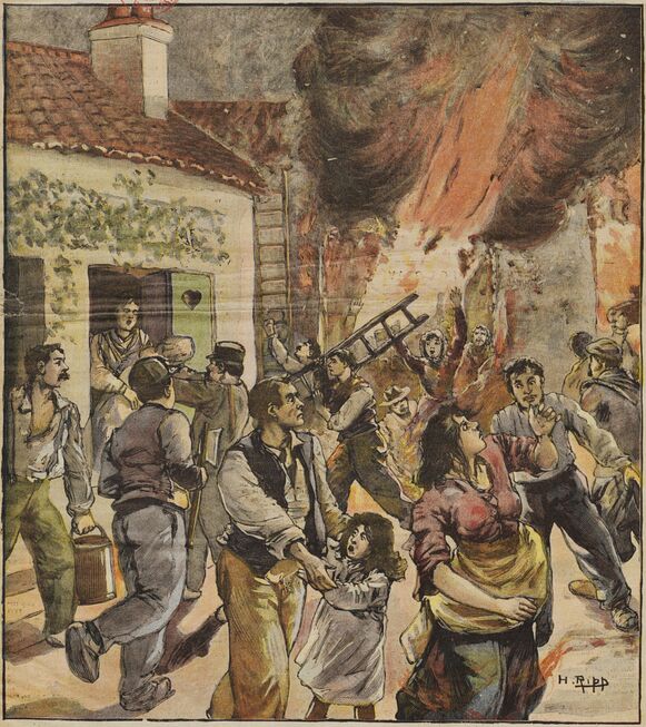 L'incendie d'Aigues-Mortes. Soixante-dix personnes entourées de flammes. Dessin de Ripp publié à Flers-de-l'Orne le 21 août 1898 dans le journal : Le Patriote normand. Supplément populaire illustré