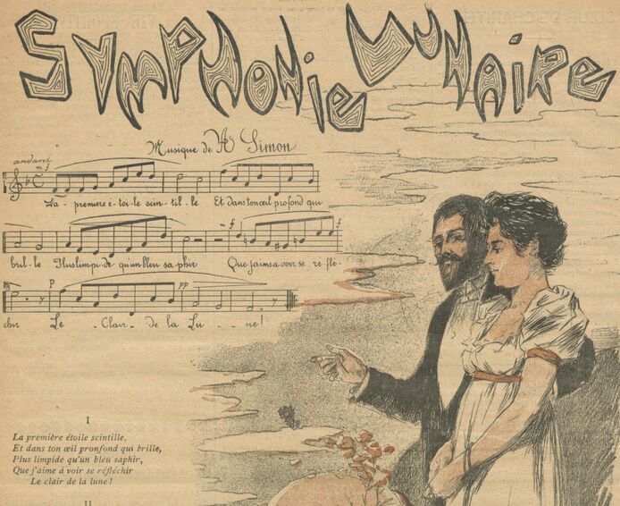Symphonie lunaire [chanson], paroles d'Adolphe Lambert, musique de A. Simon. Image publiée à Cherbourg le 28 janvier 1894 dans le journal : Le Réveil illustré