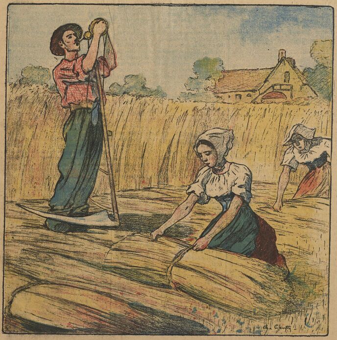 La moisson. Gravure de Charles Genty publiée à Vannes le 15 juillet 1900 dans le journal : L'Arvor. Supplément agricole illustré du dimanche