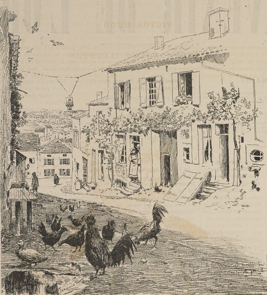 La rue d'un bourg. Dessin de Georges Jeanniot, publié en 1881 dans le journal : L'Avenir de l'Orne. Supplément illustré