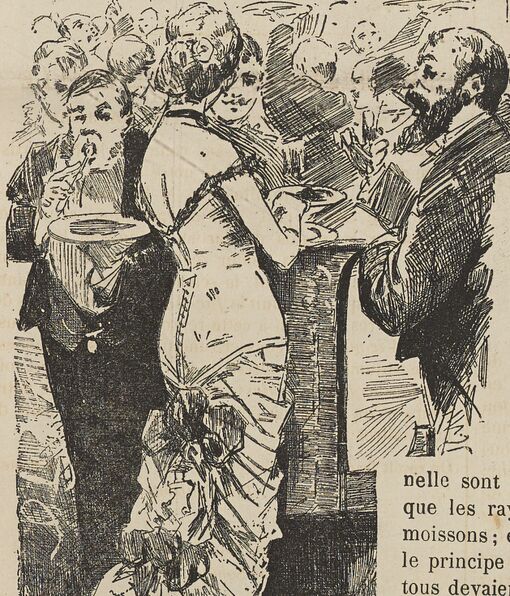 Aux Eaux - Le buffet du Casino. Dessin d'Eugène Courboin, publié en 1881 dans le journal : L'Avenir de l'Orne. Supplément illustré