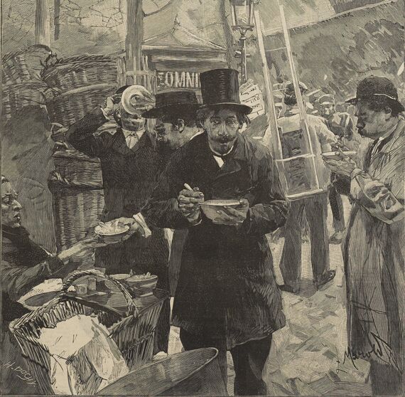 Paris pittoresque. La soupe, le matin, aux Halles. Dessin de Luděk Marold publié à Boulogne-sur-Mer le 28 février 1892 dans le journal : L'Indépendant de Boulogne-sur-Mer. Supplément illustré