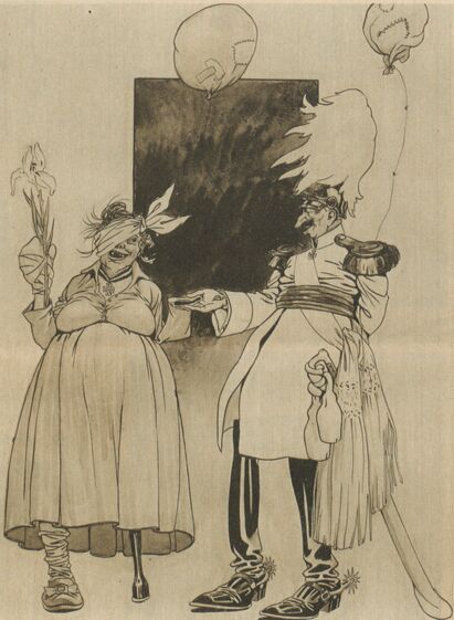 Propositions malhonnêtes. Guillaume offrirait la paix...!!! Dessin d'A. Buguet publié à Belley le 10 juin 1917 dans le journal : Croix de l'Ain. Supplément illustré de la semaine