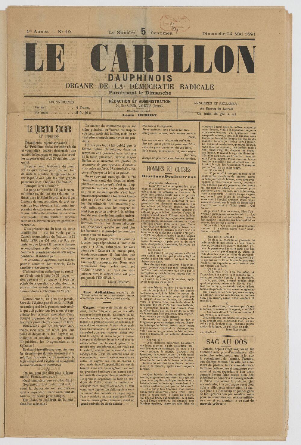 Le Carillon dauphinois : journal républicain illustré : paraissant tous les samedis / rédacteur en chef Louis Dumont